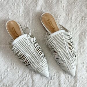 SCHUTZ Rosalyn Point Toe White Woven Mules